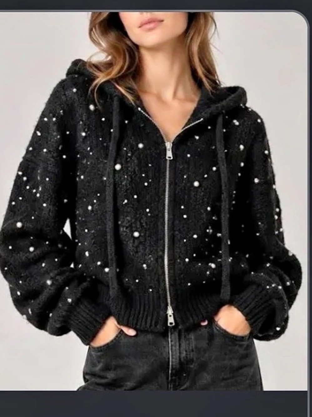 Zara studded Hooded Sweatshirt Studded Zip Jacket Black Medium